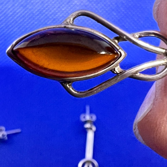 VTG Amber Necklace Earrings Set .925 Silver Setting Celtic Style EUC - Picture 8 of 12